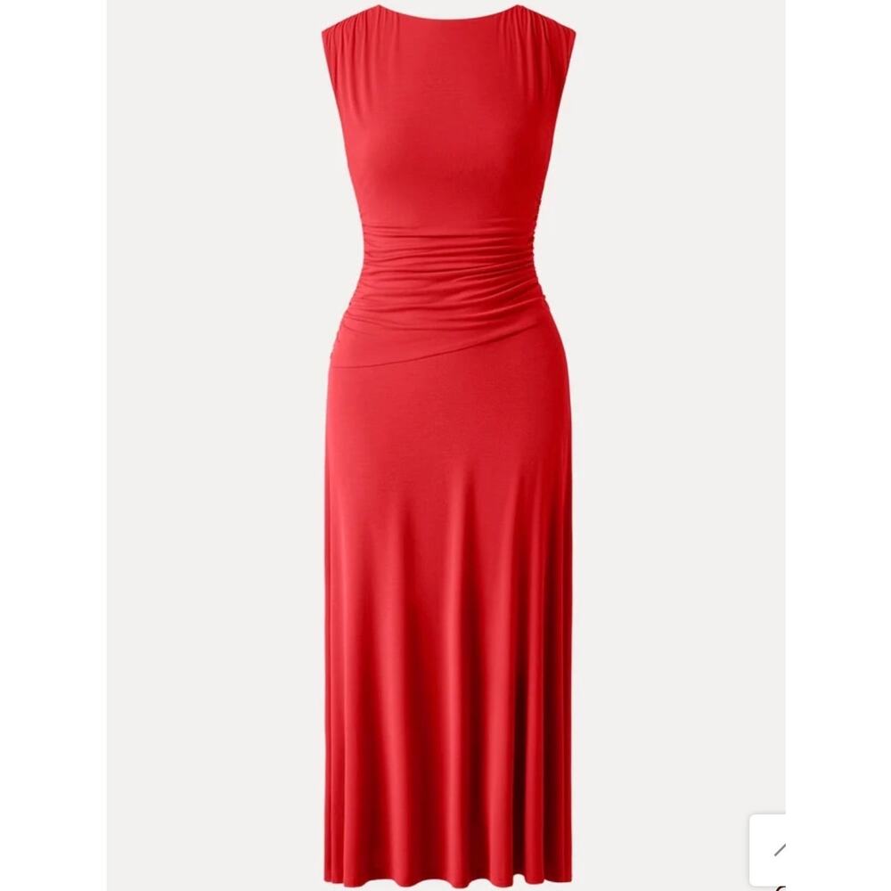 OGL Red Midi Dress Size M Sleeveless Ruched Waist Fit & Flare Midi Cocktail New